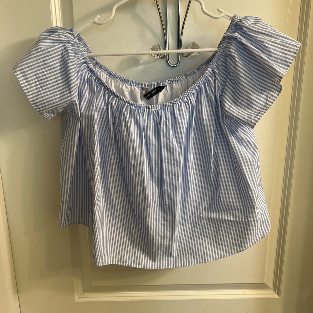 Zara blue/white striped off the shoulder shirt